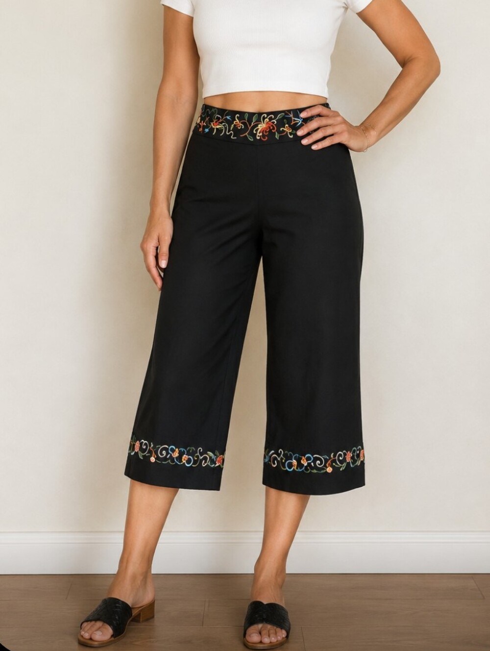Alexandra Bartlett Wide Leg Linen Boho floral embroidery Pants Crop sz 6.